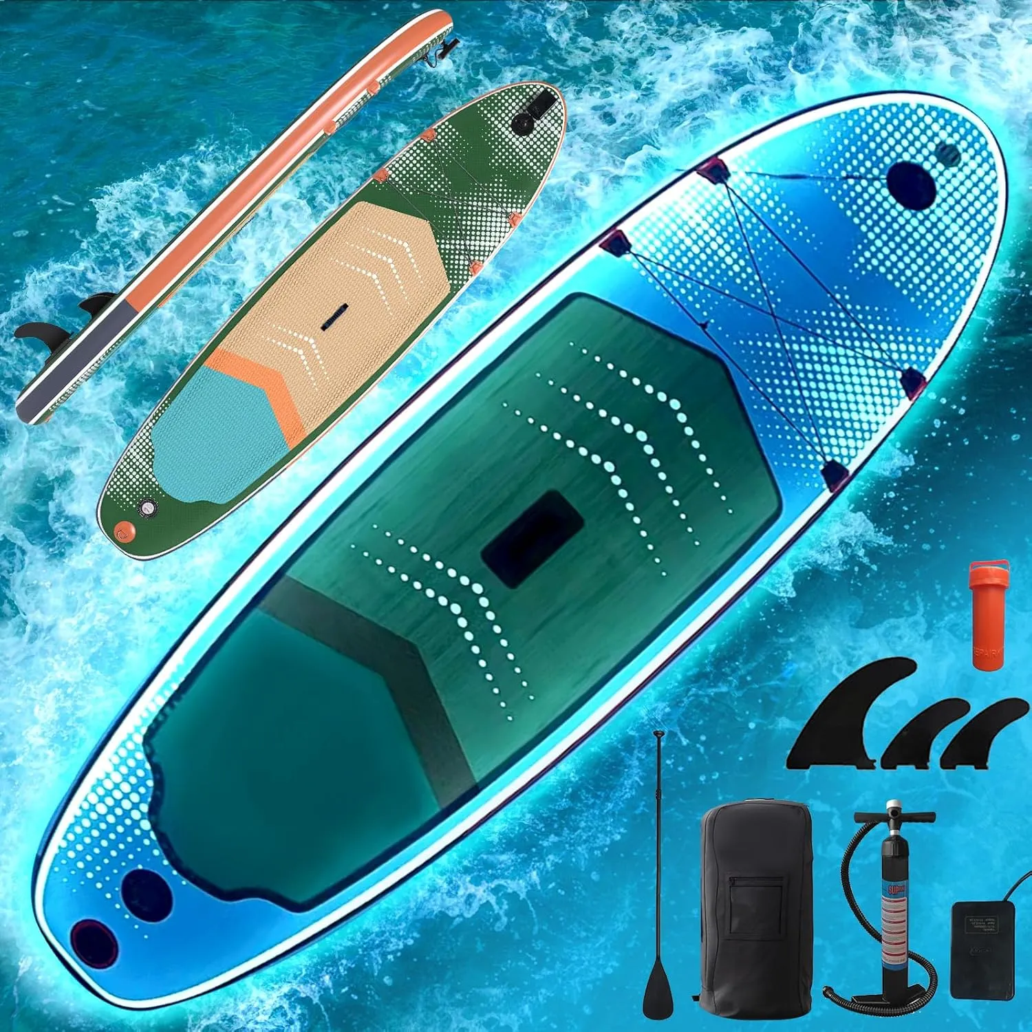 Inflatable 10.5' Stand Up Paddle Board with Strapped Seat, Premium SUP Board Kit, Includes Paddle, Pump, Backpack, Waterproof Bag, Perfect for Yoga, Fishing, and Surfing, Dark Blue & Red