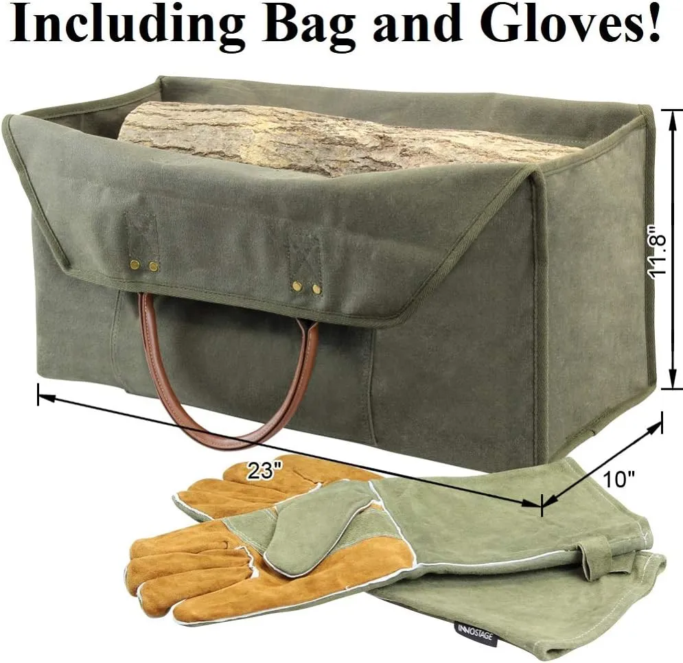 INNO STAGE Firewood Log Carrier Bag Waxed Canvas Tote Holder with Fireplace Pure Leather Gloves Set for Camping, BBQ Barbecue- Green Bag