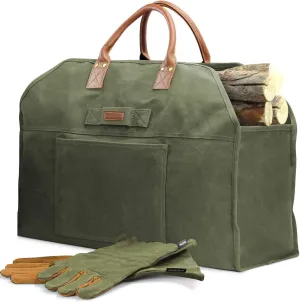 INNO STAGE Firewood Log Carrier Bag Waxed Canvas Tote Holder with Fireplace Pure Leather Gloves Set for Camping, BBQ Barbecue- Green Bag