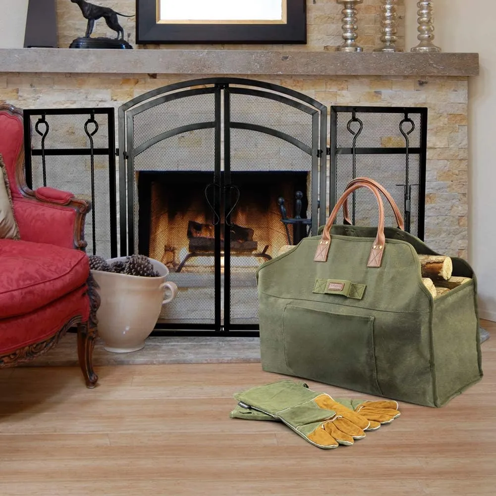 INNO STAGE Firewood Log Carrier Bag Waxed Canvas Tote Holder with Fireplace Pure Leather Gloves Set for Camping, BBQ Barbecue- Green Bag