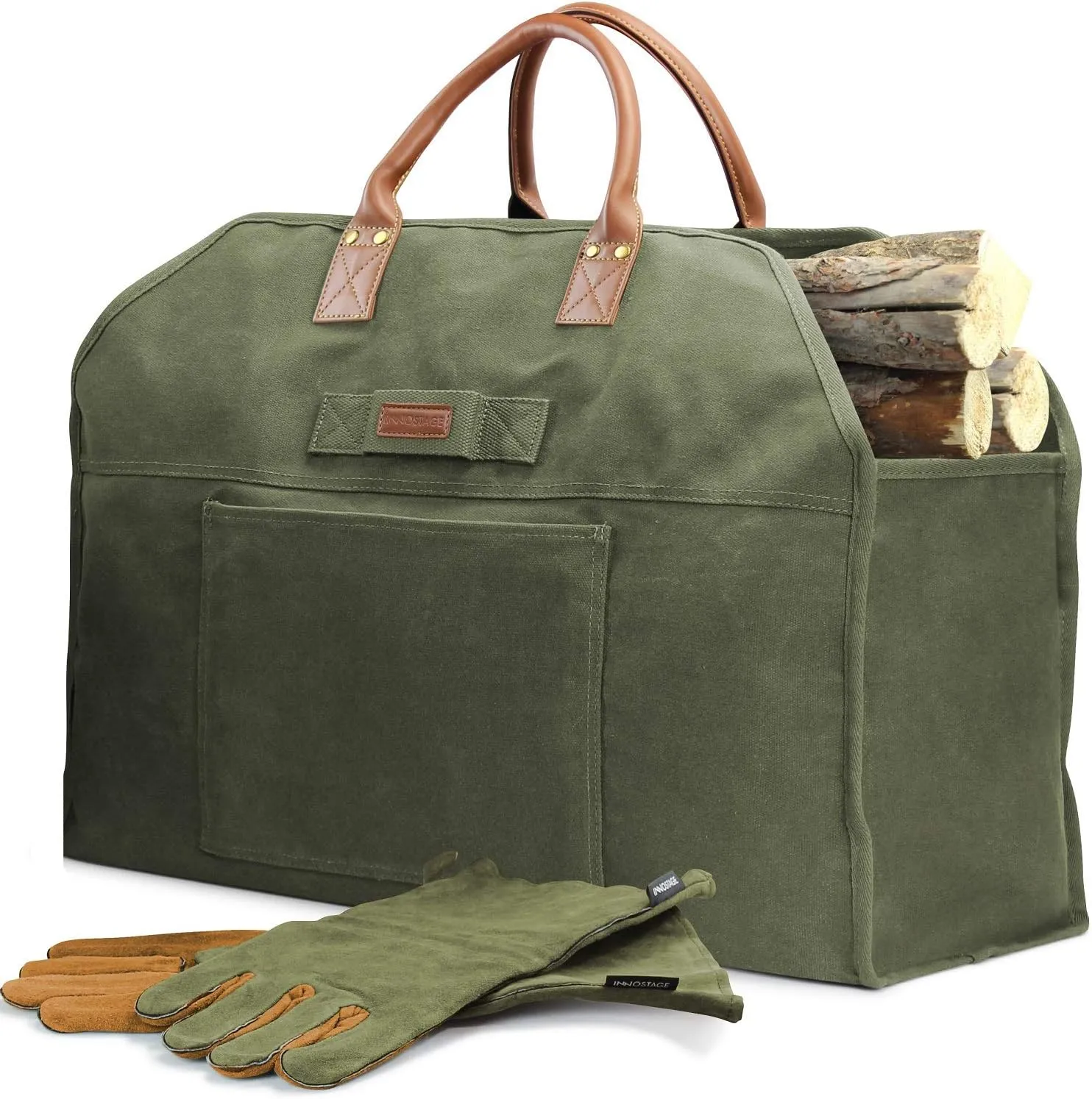 INNO STAGE Firewood Log Carrier Bag Waxed Canvas Tote Holder with Fireplace Pure Leather Gloves Set for Camping, BBQ Barbecue- Green Bag