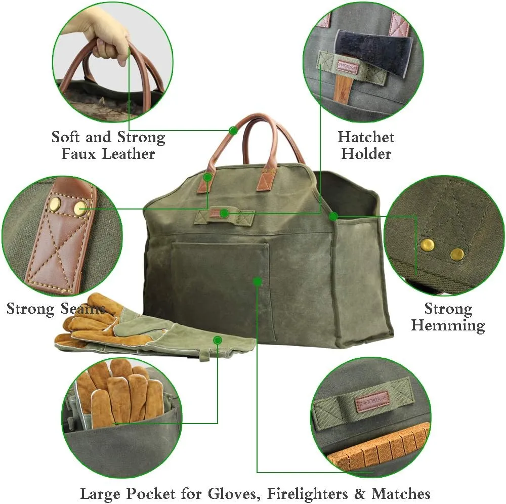 INNO STAGE Firewood Log Carrier Bag Waxed Canvas Tote Holder with Fireplace Pure Leather Gloves Set for Camping, BBQ Barbecue- Green Bag