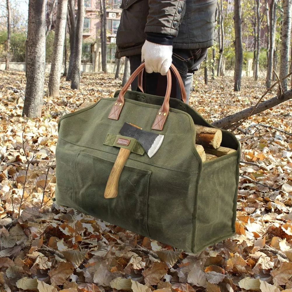 INNO STAGE Firewood Log Carrier Bag Waxed Canvas Tote Holder with Fireplace Pure Leather Gloves Set for Camping, BBQ Barbecue- Green Bag
