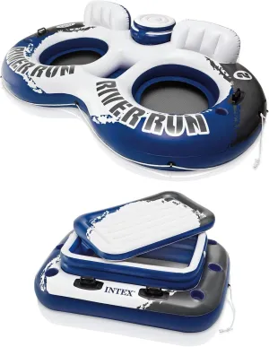 Intex River Run 2 Inflatable 2 Person Floating Lounge with Built-in Cooler Bundled with Inflatable Mega Chill II 72 Can Beverage Cooler