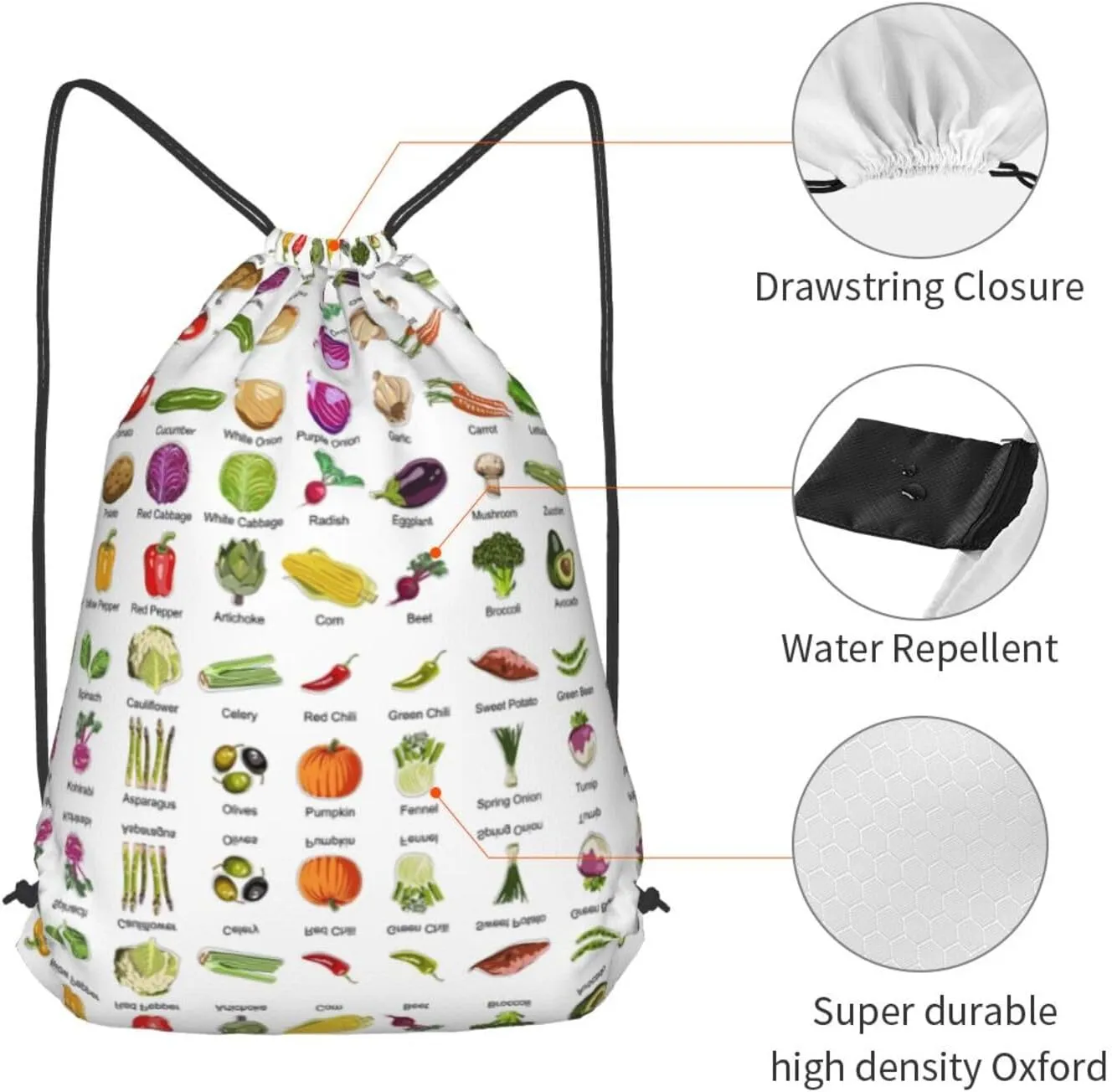 Introduction Of Various Vegetables String Drawstring Backpack Cinch Bag Polyester Sackpack For Beach Picnic Outing