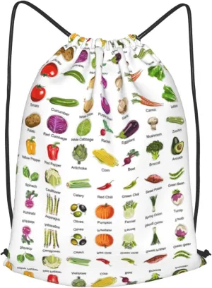 Introduction Of Various Vegetables String Drawstring Backpack Cinch Bag Polyester Sackpack For Beach Picnic Outing