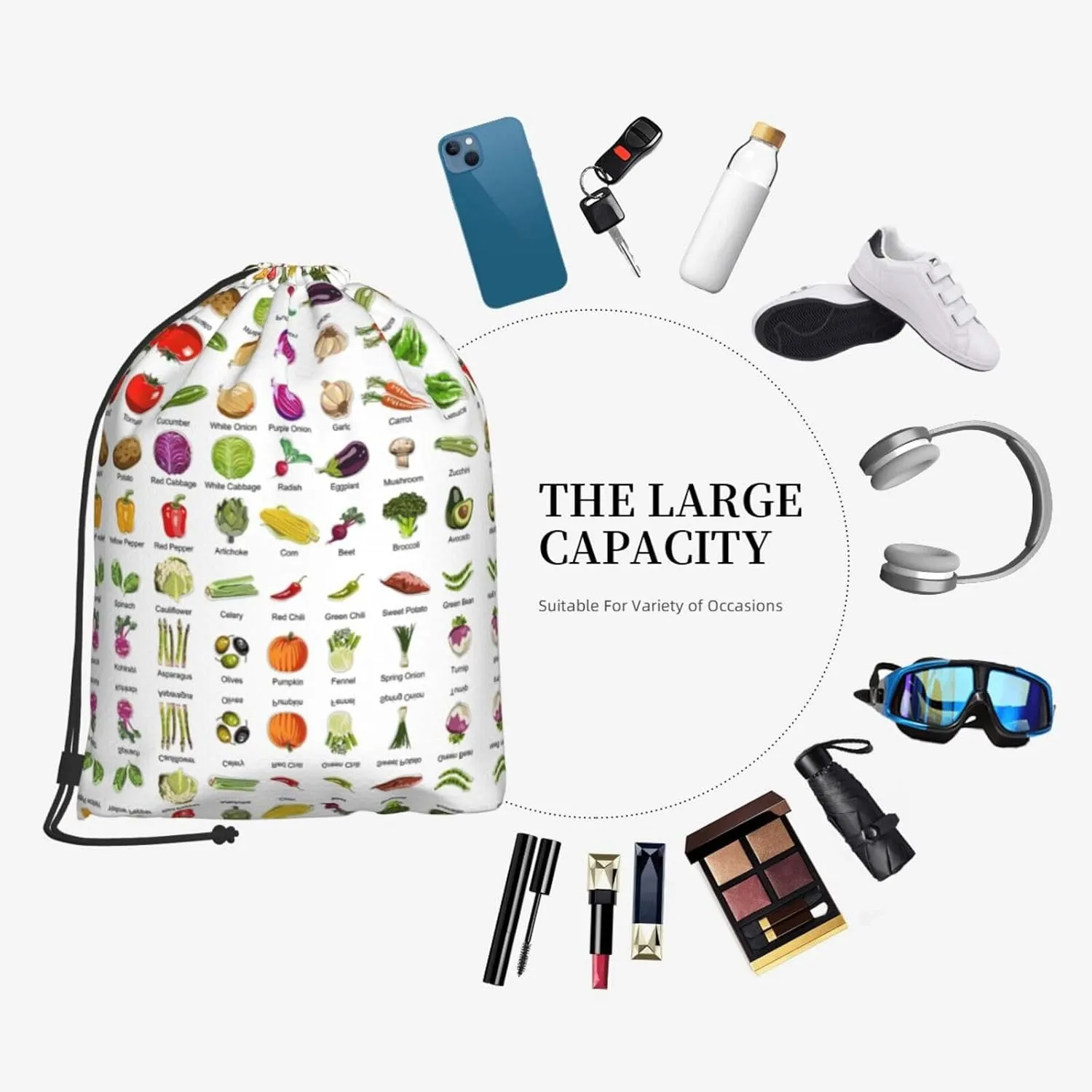 Introduction Of Various Vegetables String Drawstring Backpack Cinch Bag Polyester Sackpack For Beach Picnic Outing