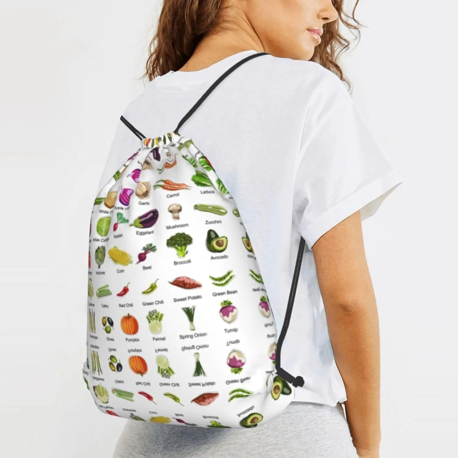 Introduction Of Various Vegetables String Drawstring Backpack Cinch Bag Polyester Sackpack For Beach Picnic Outing