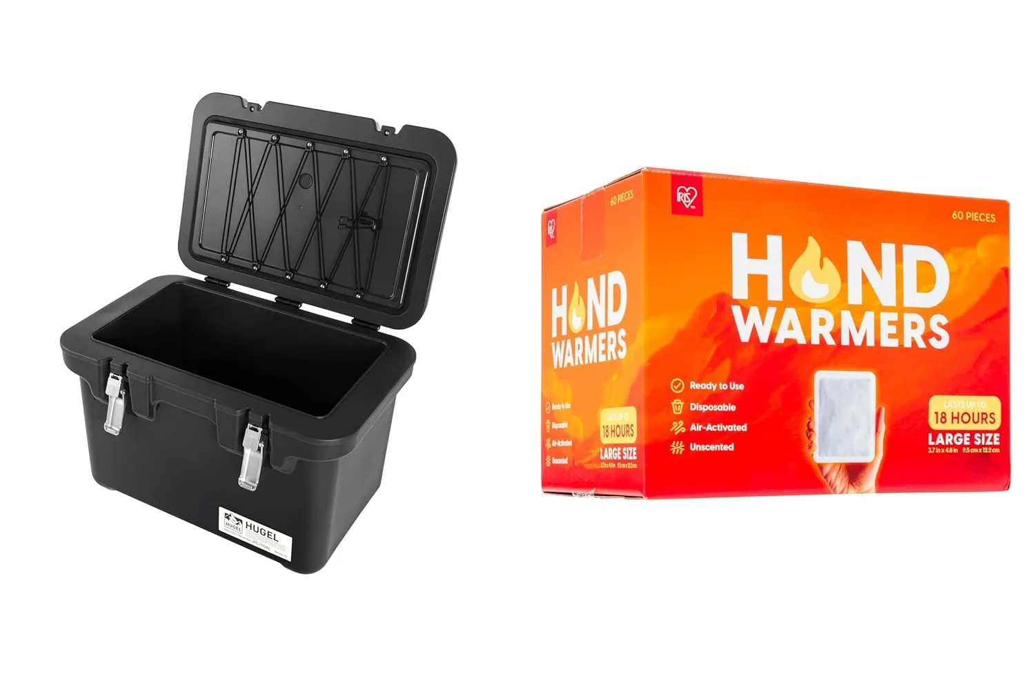 IRIS USA Bundle of Hugel 44 QT Insulated Cooler   60 Large Hand Warmers – Heavy Duty Ice Chest w/Vacuum Panels, Bungee Straps, Metal Buckles – 18-Hour Heat for Camping, Fishing, Tailgating, Travel
