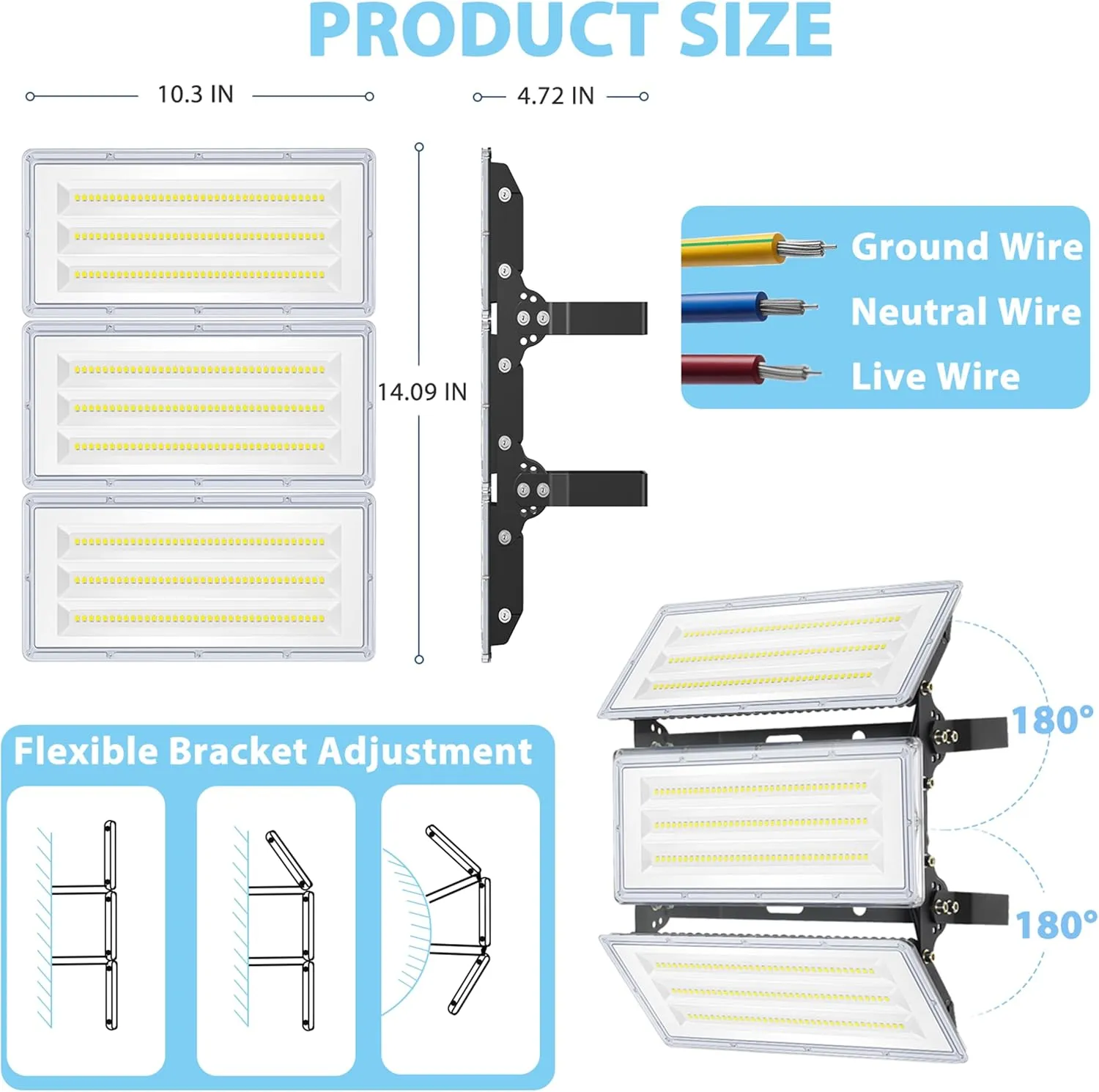 ISKYDRAW 300W LED Flood Light Outdoor, 2 Pack 30000lm Stadium Lights Outdoor LED Daylight 6500K, IP67 Waterproof Arena Floodlights for Parking Lot, Sports, Fields, Court, 85-265V