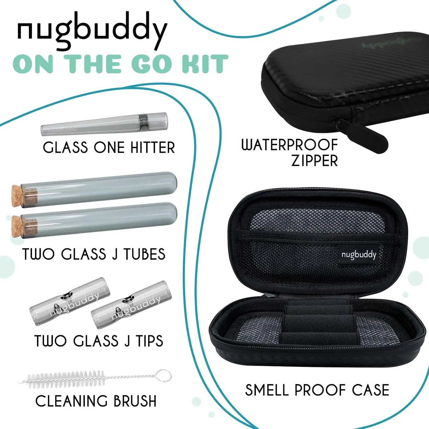 J-Kit - On The go Travel Case Accessory, Carbon Lining - Water Resistant Case   Glass Accessories with included Tubes, Tips, and More (Smoke)