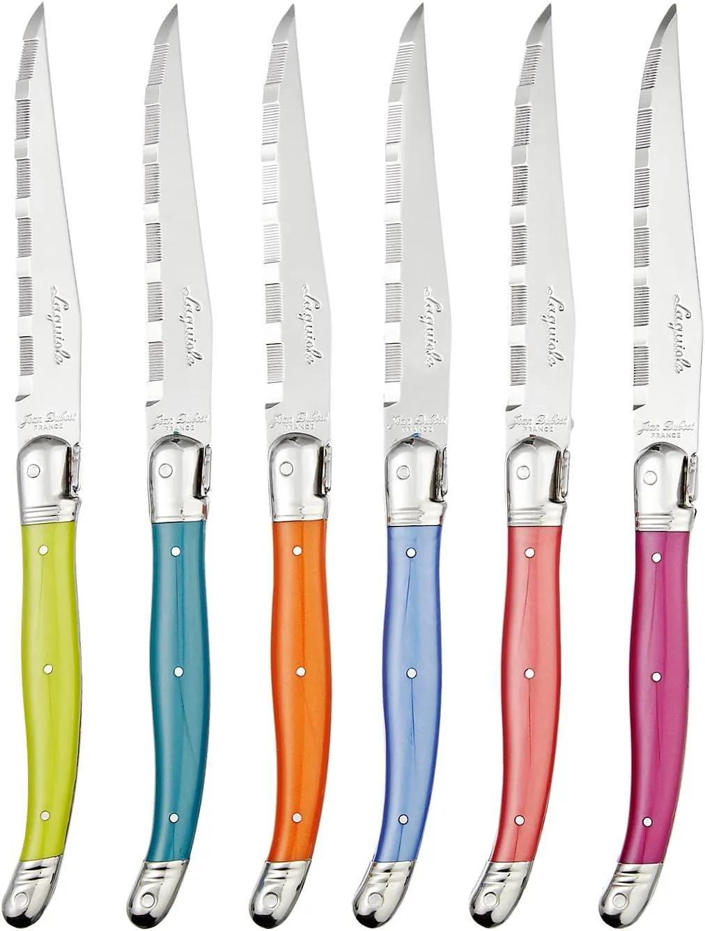 Jean Dubost Laguiole Stainless Steel Steak Knife Set with Multi Color Handles in a Wood Knife Block