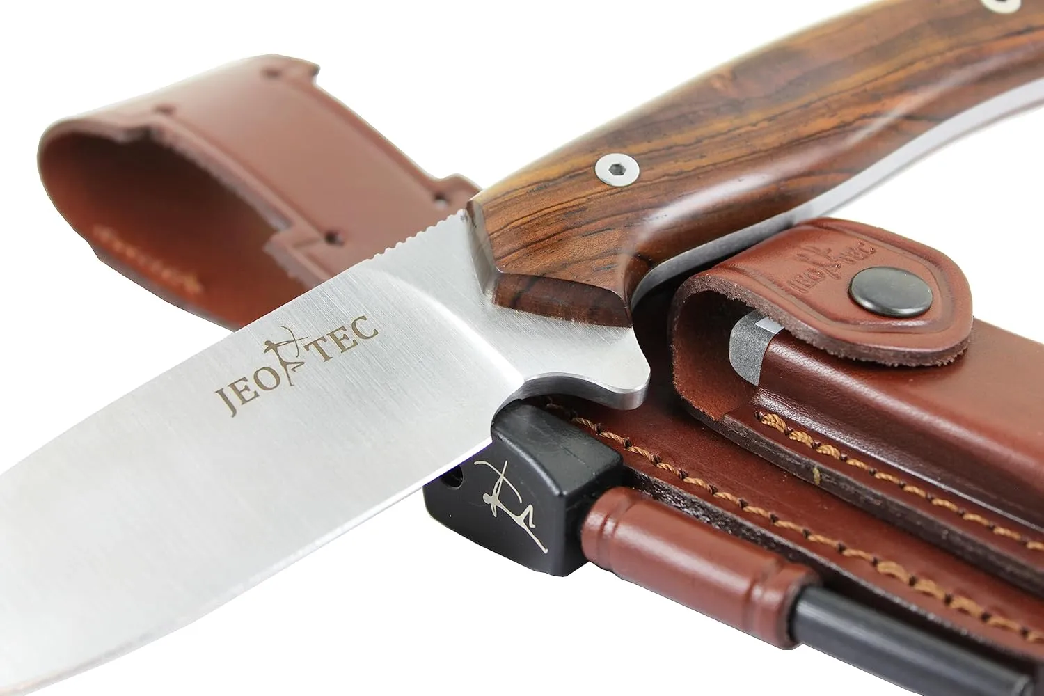 JEO-TEC Nº21 Bushcraft Survival Full Tang Fixed Blade Outdoor Camping Utility Hunting Knife In Leather Sheath Horizontal Vertical Carry Sheath | BÖHLER N690C Steel Fire Starter Scraper