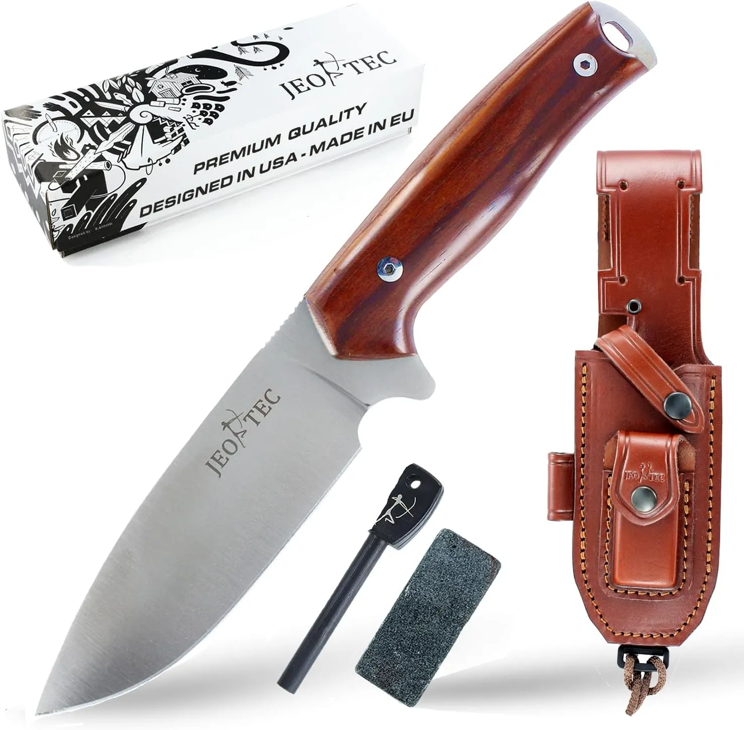 JEO-TEC Nº21 Bushcraft Survival Full Tang Fixed Blade Outdoor Camping Utility Hunting Knife In Leather Sheath Horizontal Vertical Carry Sheath | BÖHLER N690C Steel Fire Starter Scraper