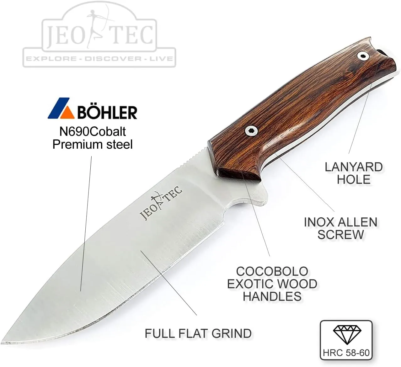 JEO-TEC Nº21 Bushcraft Survival Full Tang Fixed Blade Outdoor Camping Utility Hunting Knife In Leather Sheath Horizontal Vertical Carry Sheath | BÖHLER N690C Steel Fire Starter Scraper