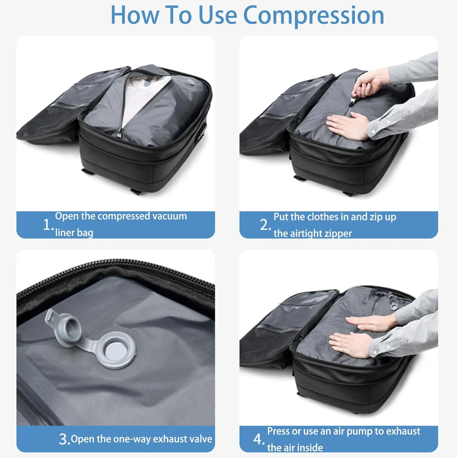 Jfxgjuv Ezy Vac Backpack, Vacpack Backpack, 60L Expandable Vacuum Compression Bag with Air Pump, Waterproof, TSA Lock (Gray (With Pump))