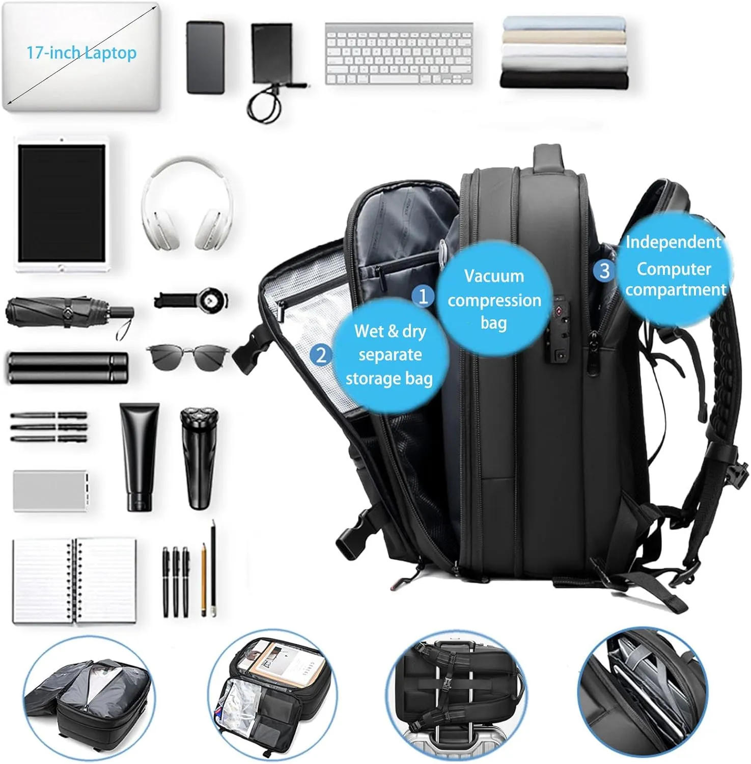 Jfxgjuv Ezy Vac Backpack, Vacpack Backpack, 60L Expandable Vacuum Compression Bag with Air Pump, Waterproof, TSA Lock (Gray (With Pump))