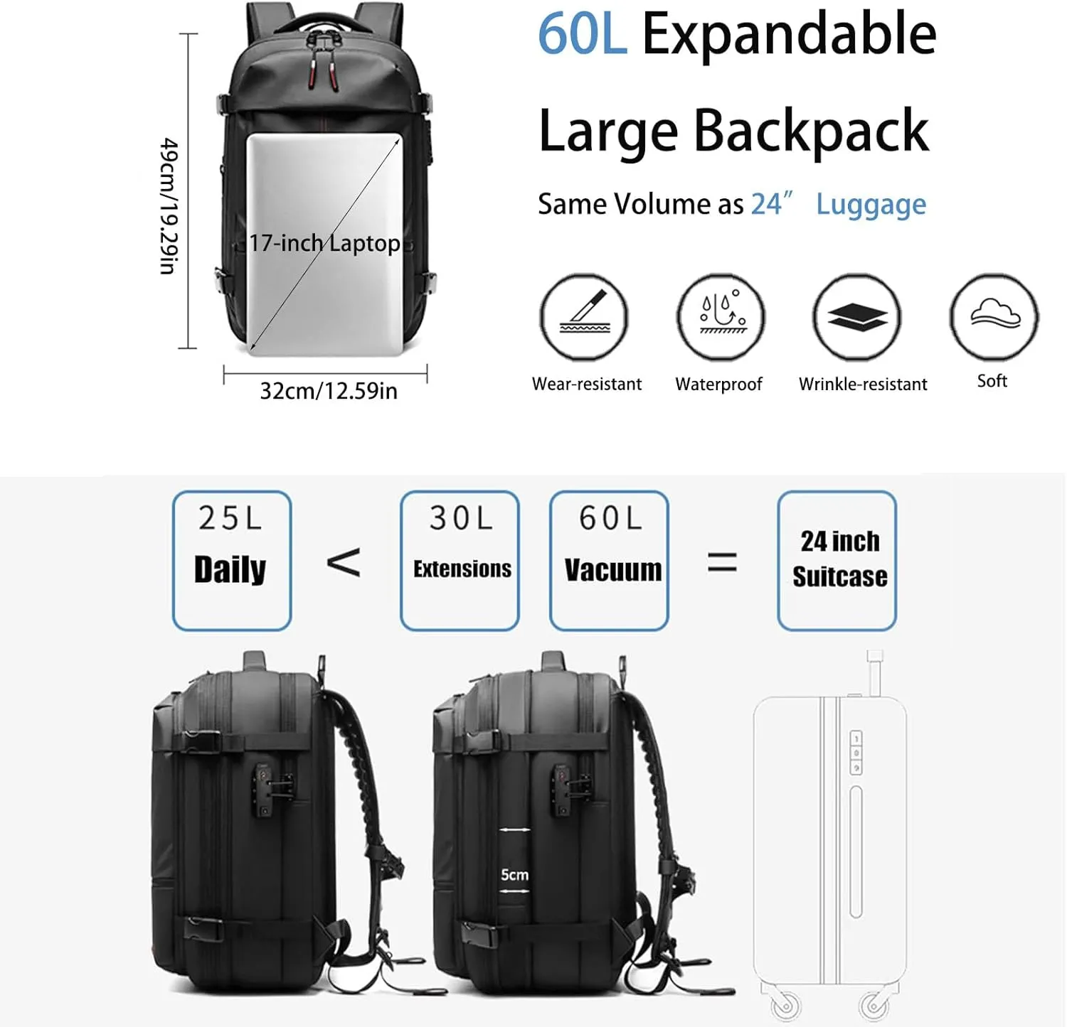 Jfxgjuv Ezy Vac Backpack, Vacpack Backpack, 60L Expandable Vacuum Compression Bag with Air Pump, Waterproof, TSA Lock (Gray (With Pump))