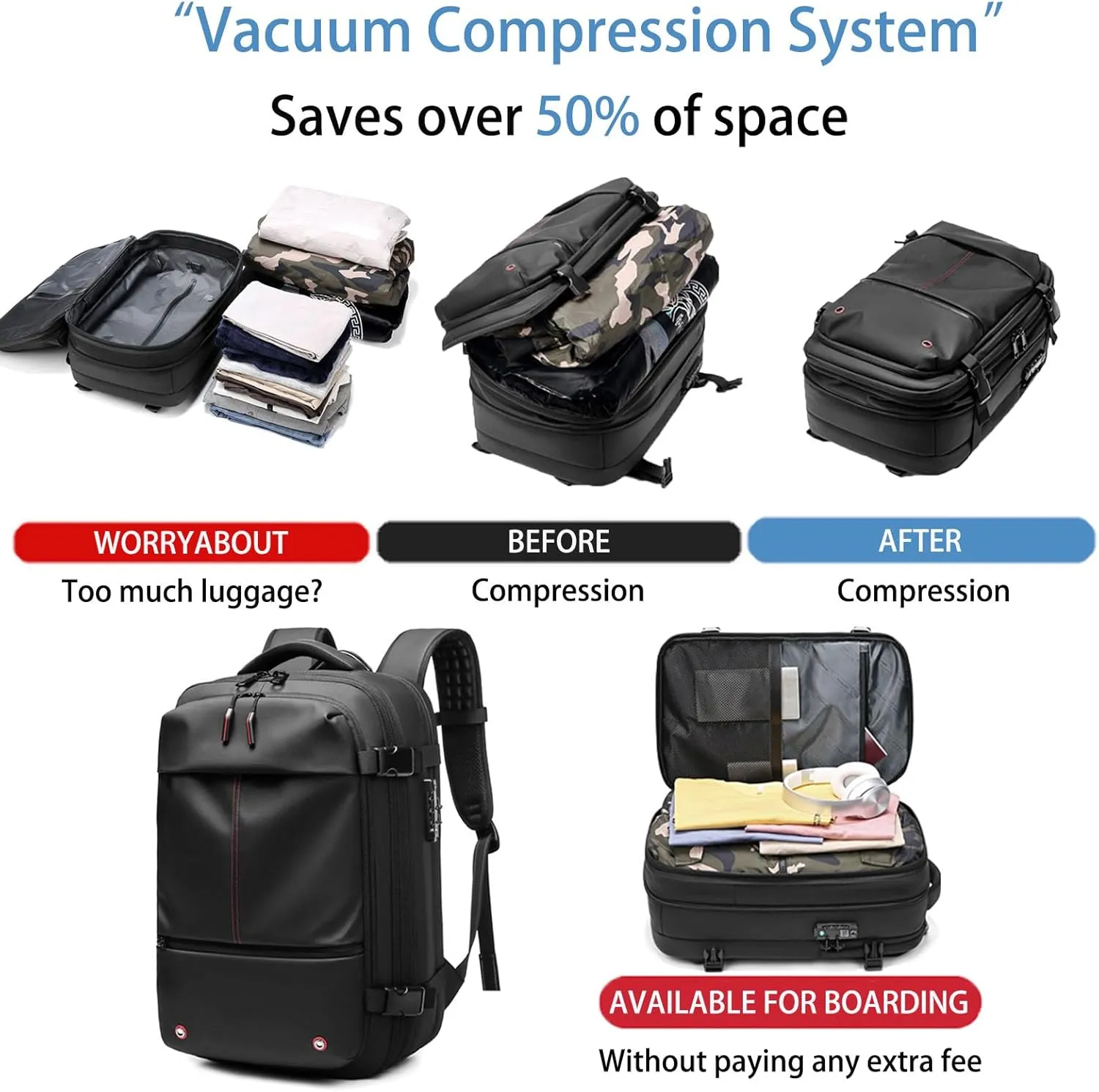 Jfxgjuv Ezy Vac Backpack, Vacpack Backpack, 60L Expandable Vacuum Compression Bag with Air Pump, Waterproof, TSA Lock (Gray (With Pump))