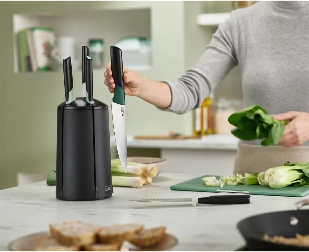 Joseph Joseph Elevate Knives 5-piece Carousel Set, Japanese Stainless Steel Knife Block - Editions - Sage Green and Black