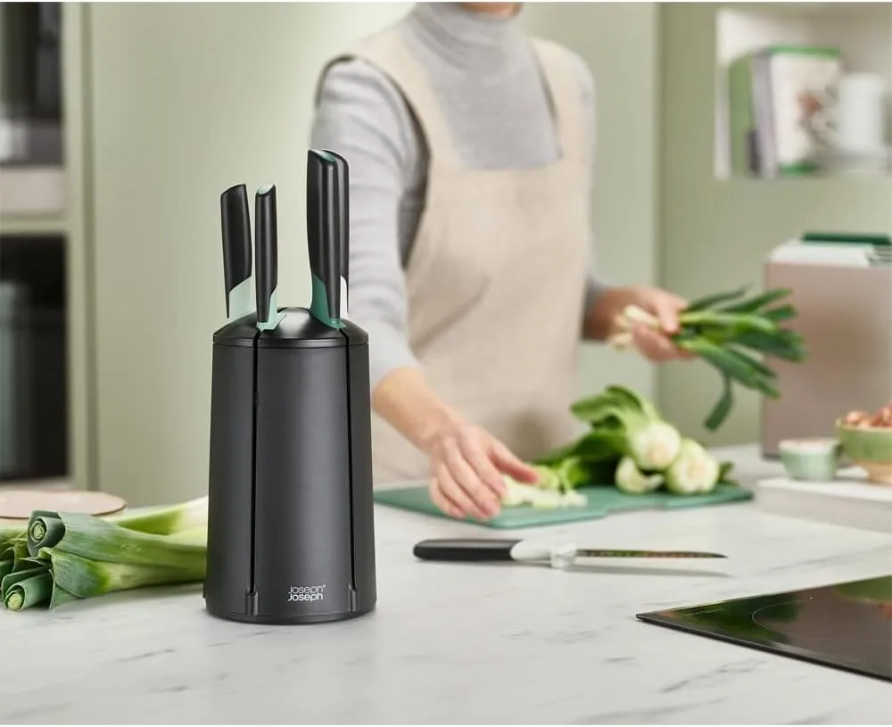 Joseph Joseph Elevate Knives 5-piece Carousel Set, Japanese Stainless Steel Knife Block - Editions - Sage Green and Black