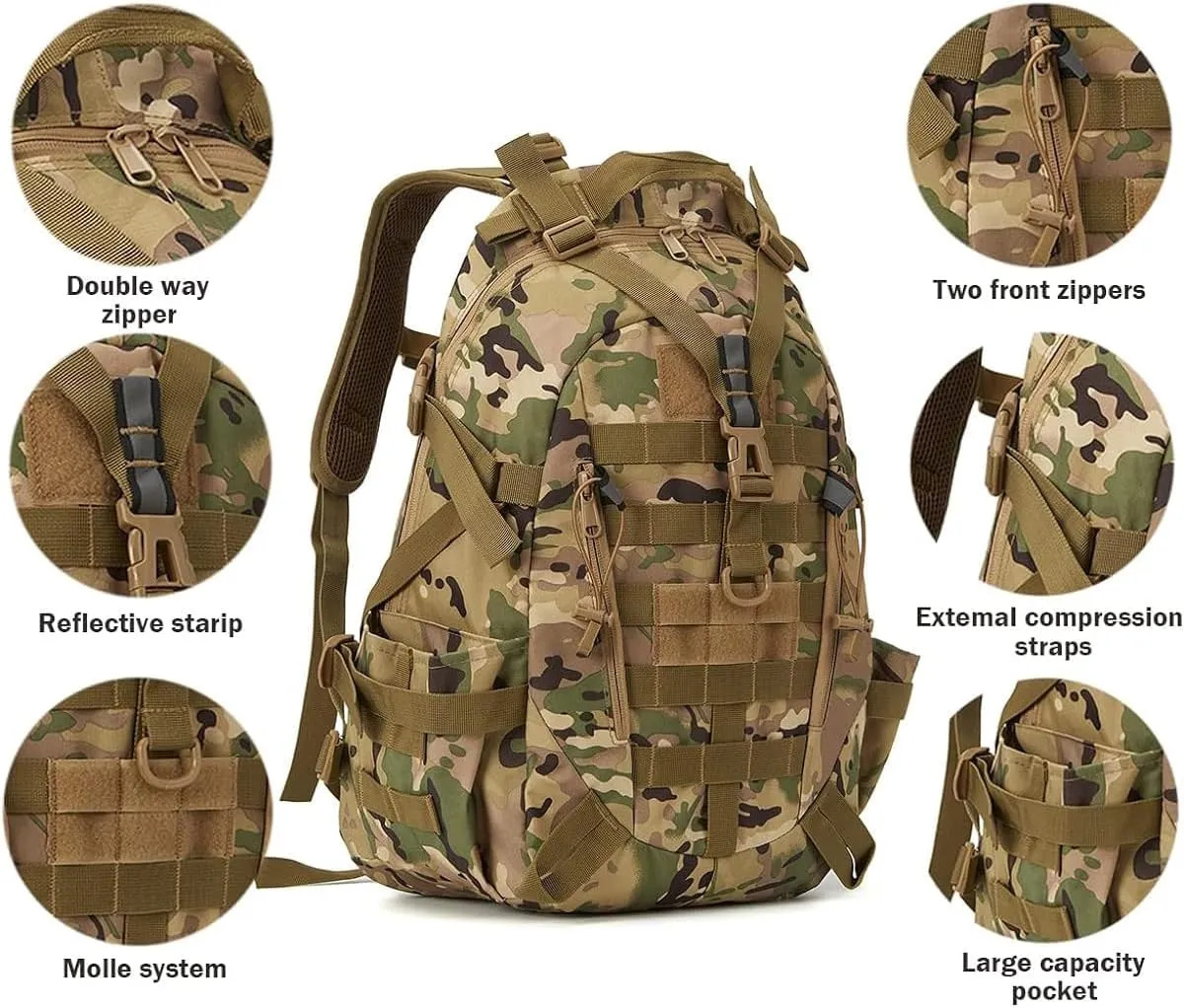 Jungle Leopard 40L Tactical Backpack Men Camping Hiking Bag Reflective Travel Survival MOLLE Climbing Rucksack(OD)