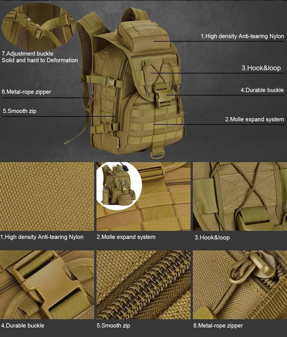 Jungle Leopard Tactical Backpack 40L Military Backpack 900D Nylon Waterproof Army Rucksack Camping Hiking Fishing Hunting Bag(S413-40-Khaki)