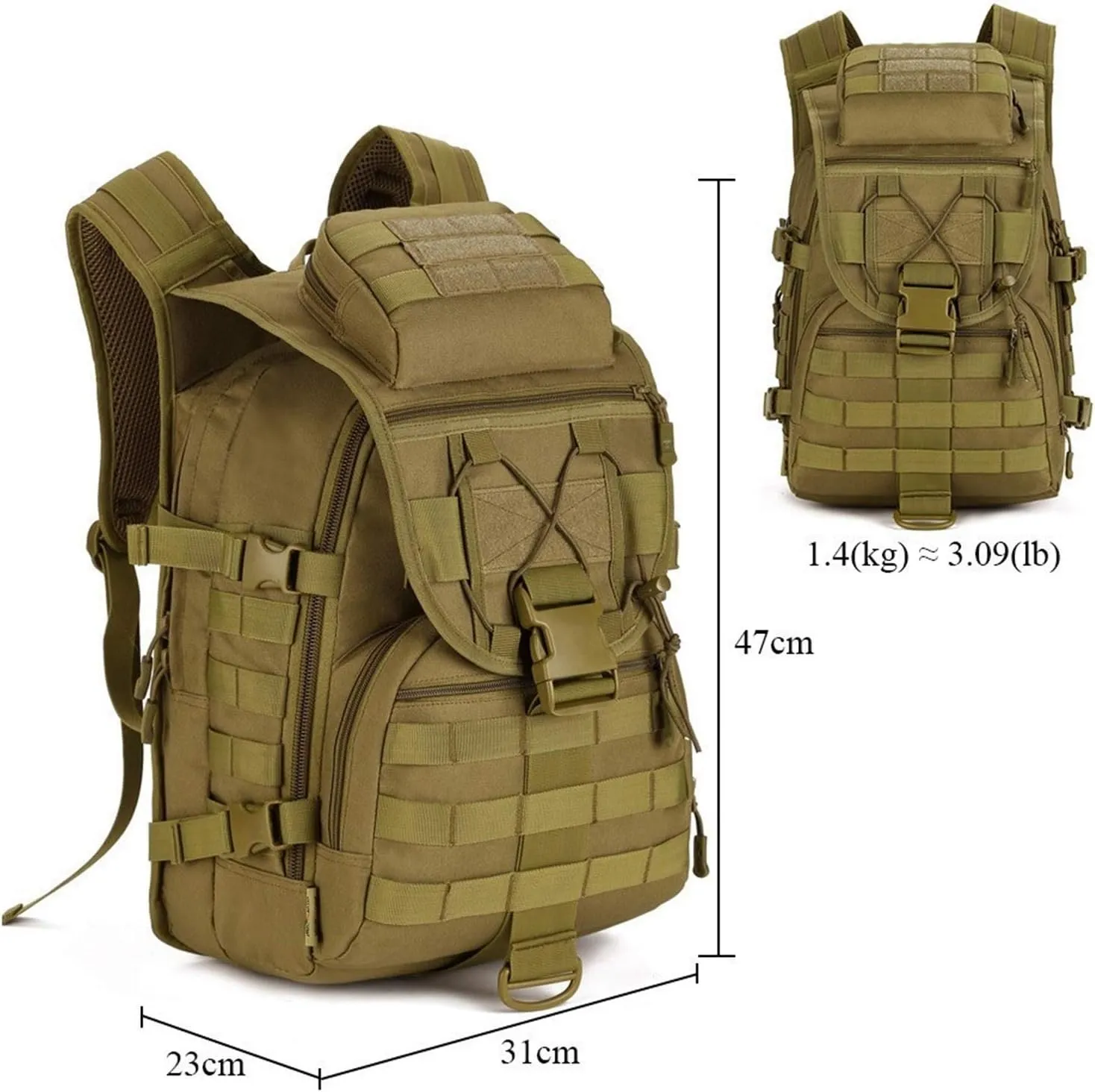 Jungle Leopard Tactical Backpack 40L Military Backpack 900D Nylon Waterproof Army Rucksack Camping Hiking Fishing Hunting Bag(S413-40-Khaki)
