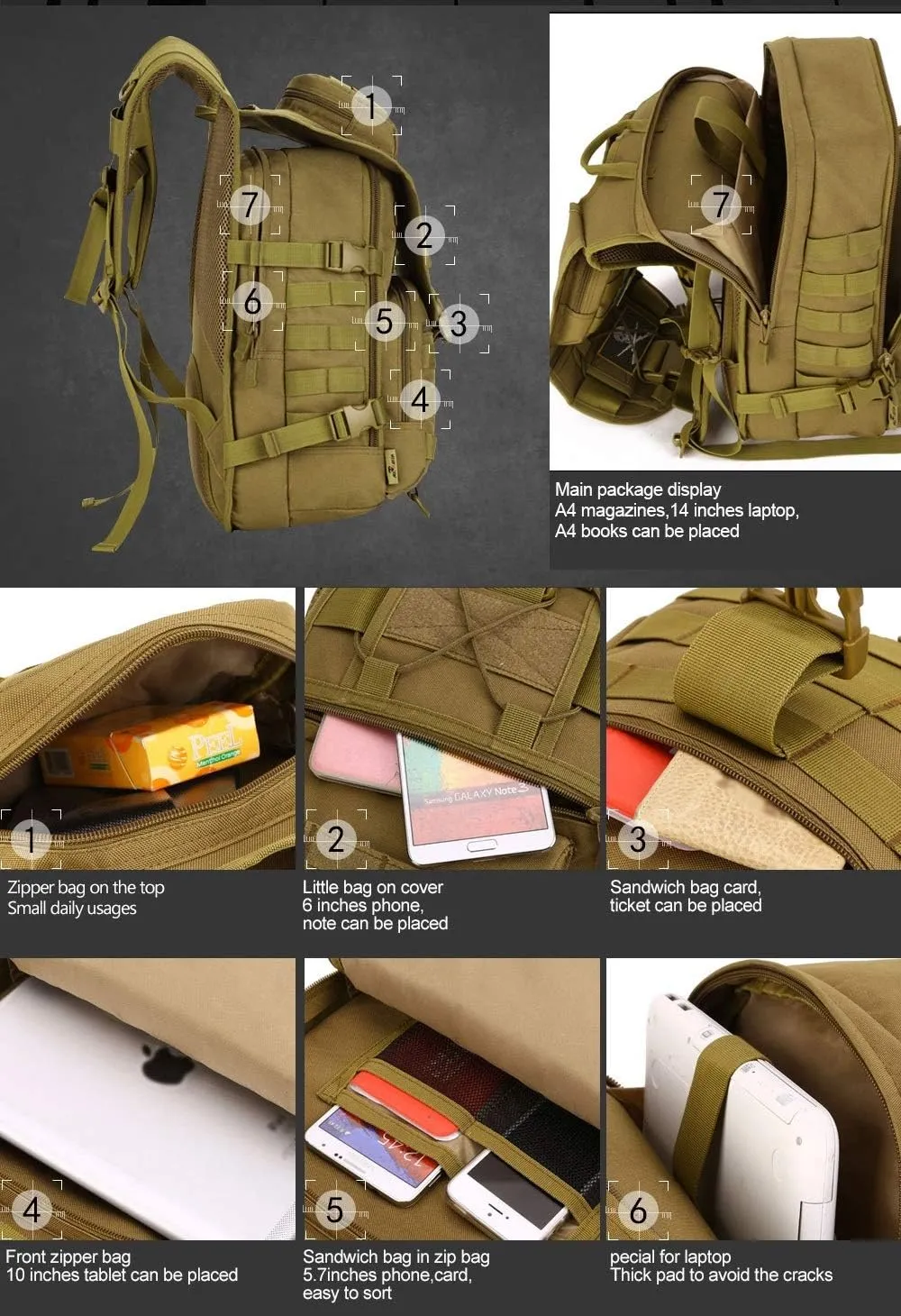 Jungle Leopard Tactical Backpack 40L Military Backpack 900D Nylon Waterproof Army Rucksack Camping Hiking Fishing Hunting Bag(S413-40-Khaki)