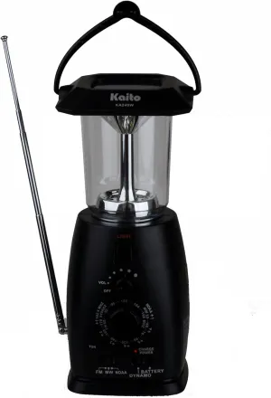 Kaito KA249W Multi-Functional Solar/Wind-up Dynamo and Solar Powered LED Camping Lantern with AM/FM NOAA Weather Radio & Cell Phone Charger, Color Black