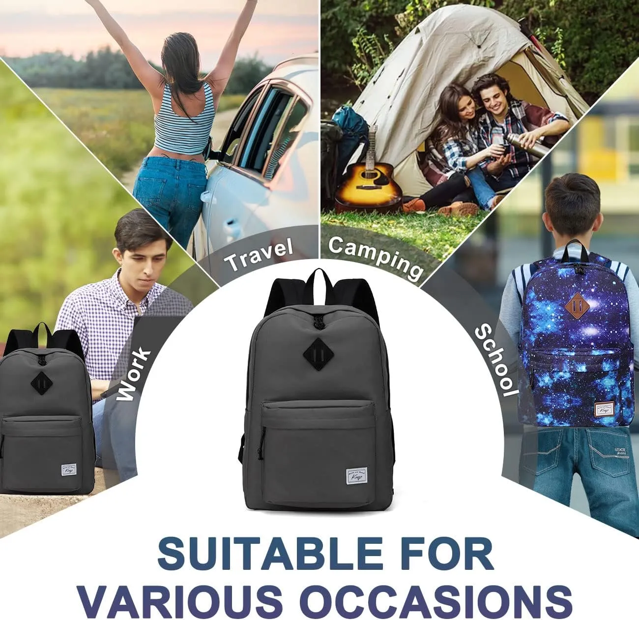 Kasqo Backpack for Women Men,Classic Lightweight Water-Resistant Bookbag for Teen Girls Boys,Travel School Casual Daypack