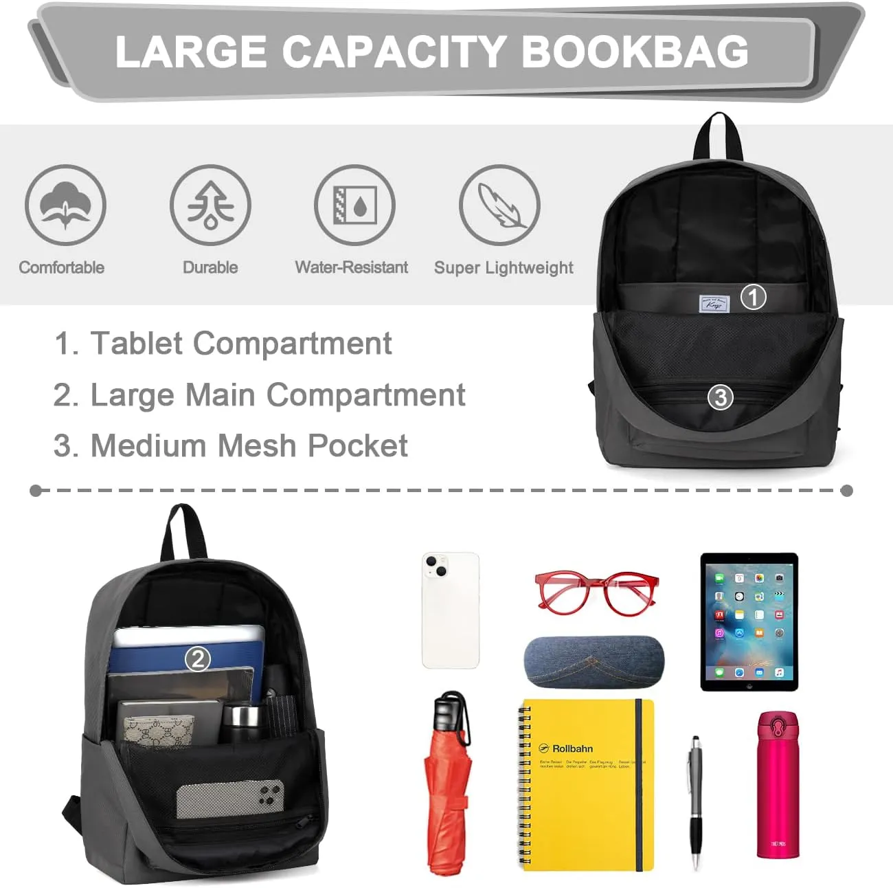Kasqo Backpack for Women Men,Classic Lightweight Water-Resistant Bookbag for Teen Girls Boys,Travel School Casual Daypack