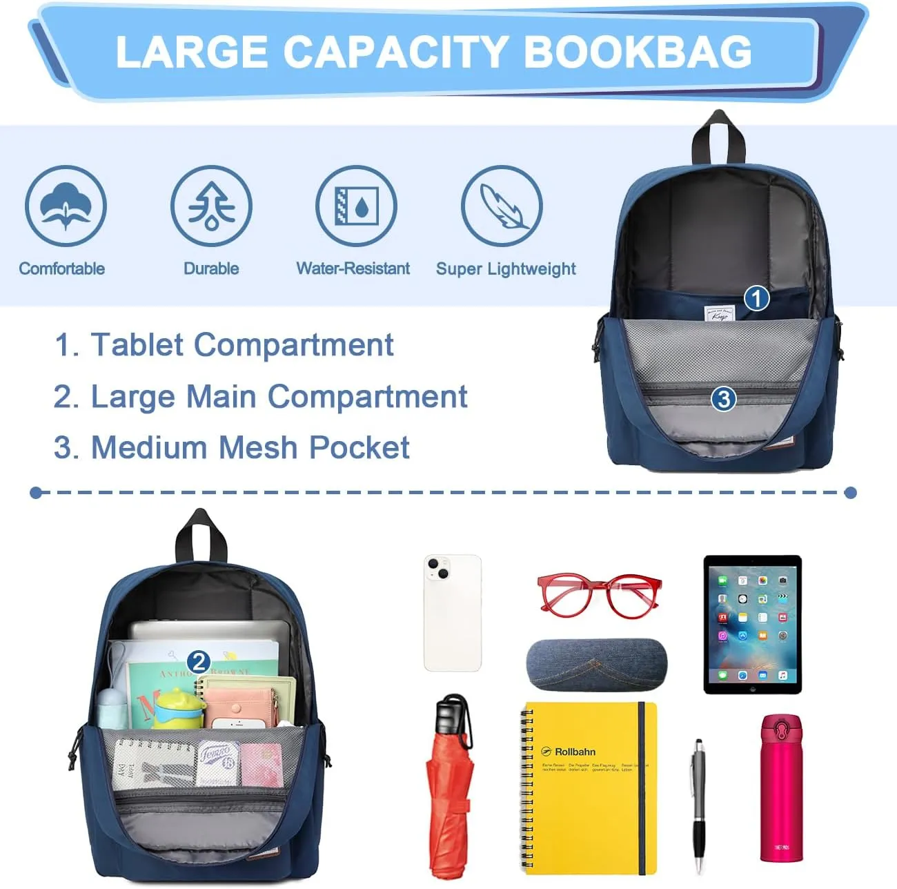 Kasqo Backpack for Women Men,Classic Lightweight Water-Resistant Bookbag for Teen Girls Boys,Travel School Casual Daypack