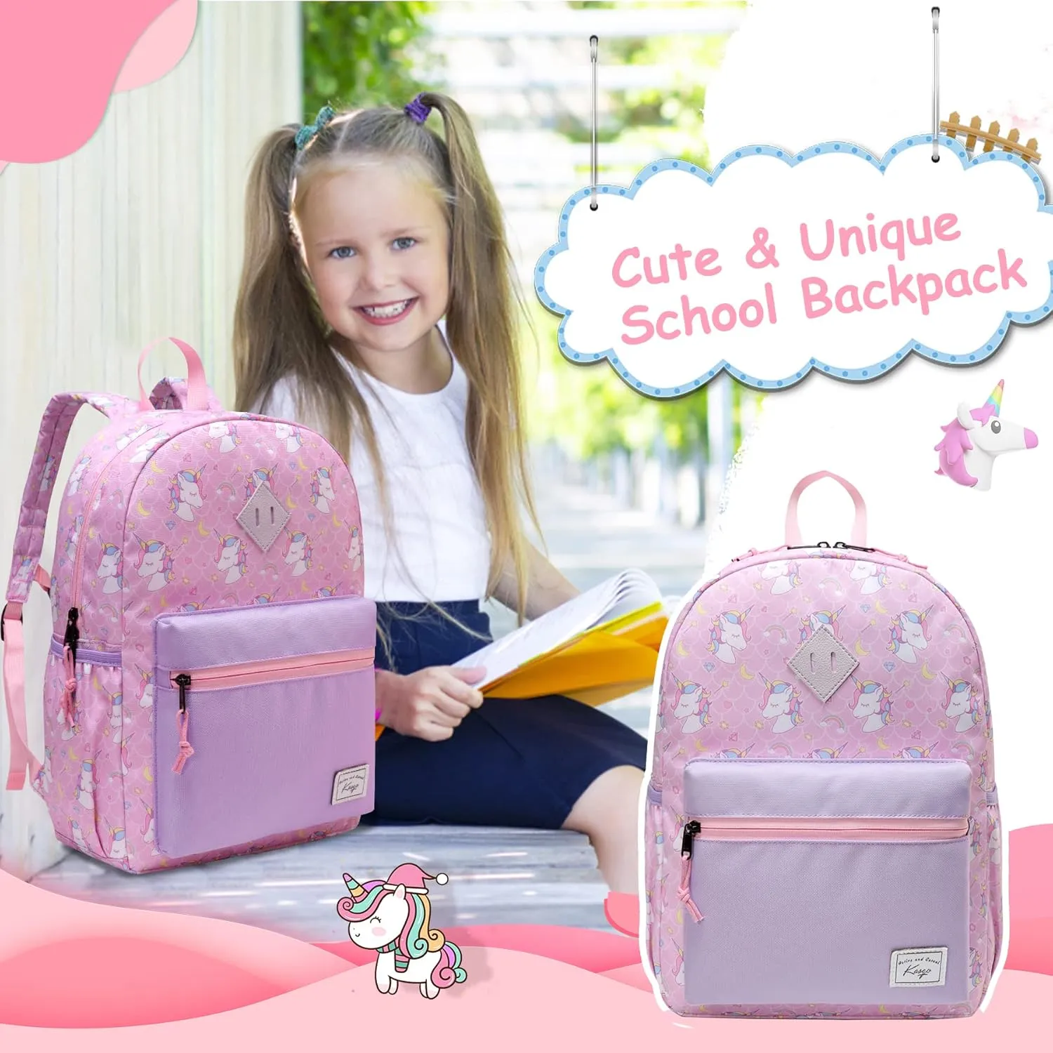Kasqo Kids Backpack, Water Resistant Lightweight Preschool Toddler Bookbag with Chest Strap for Boys and Girls