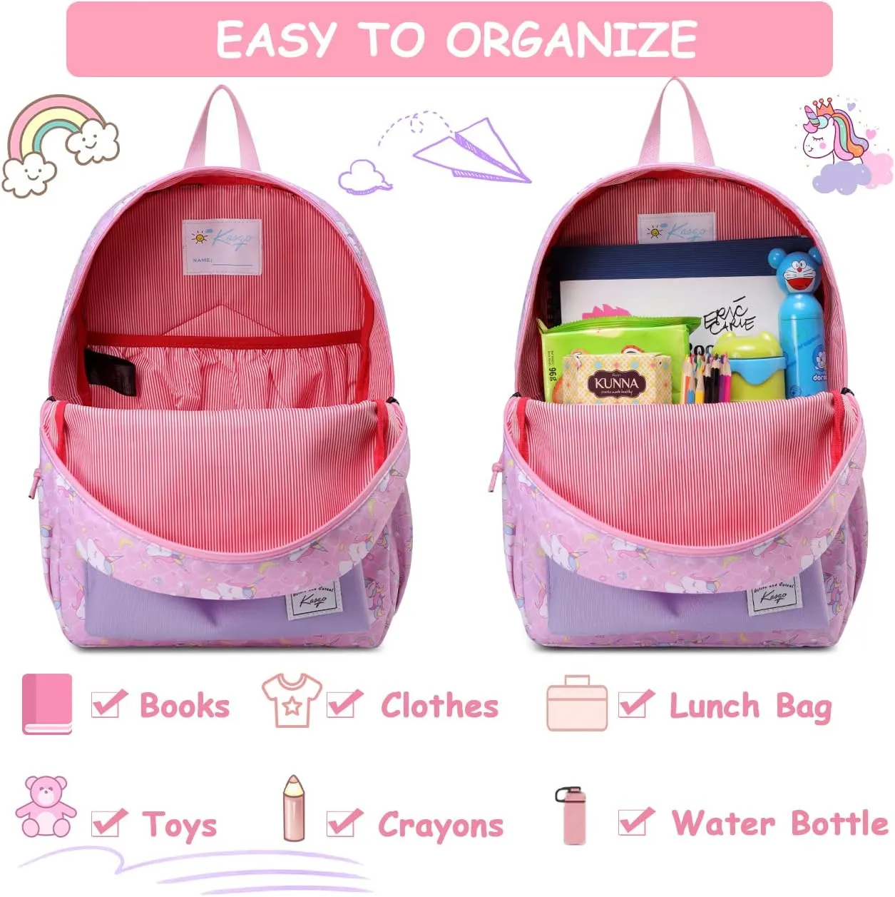 Kasqo Kids Backpack, Water Resistant Lightweight Preschool Toddler Bookbag with Chest Strap for Boys and Girls