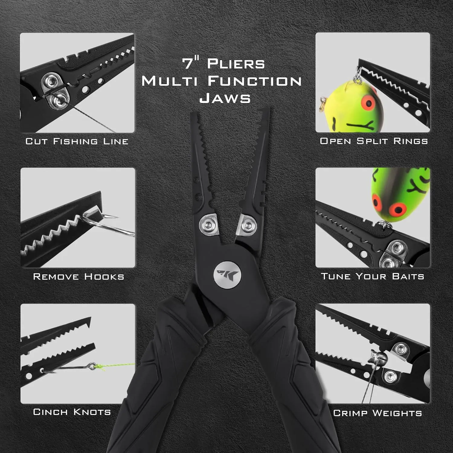 KastKing Fishing Pliers with Fillet Knife, Coated Stainless Steel Fishing Pliers, Corrosion-Resistant Coated Fillet Knife, 7'' Split Ring Plier and 7'' Fillet Knife, Black