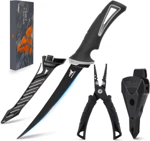 KastKing Fishing Pliers with Fillet Knife, Coated Stainless Steel Fishing Pliers, Corrosion-Resistant Coated Fillet Knife, 7'' Split Ring Plier and 7'' Fillet Knife, Black