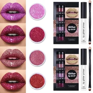 Kawaii Makeup, Kawaii Kisses Glitter Lip Kit, 4 Colors Glitter Lip Kit Gloss, Glitter Lips, Glitter Lipstick with Lip Primer and Brush, Kawaii Kisses Glitter Lip Kit Sugar Plum (2Pcs* A)