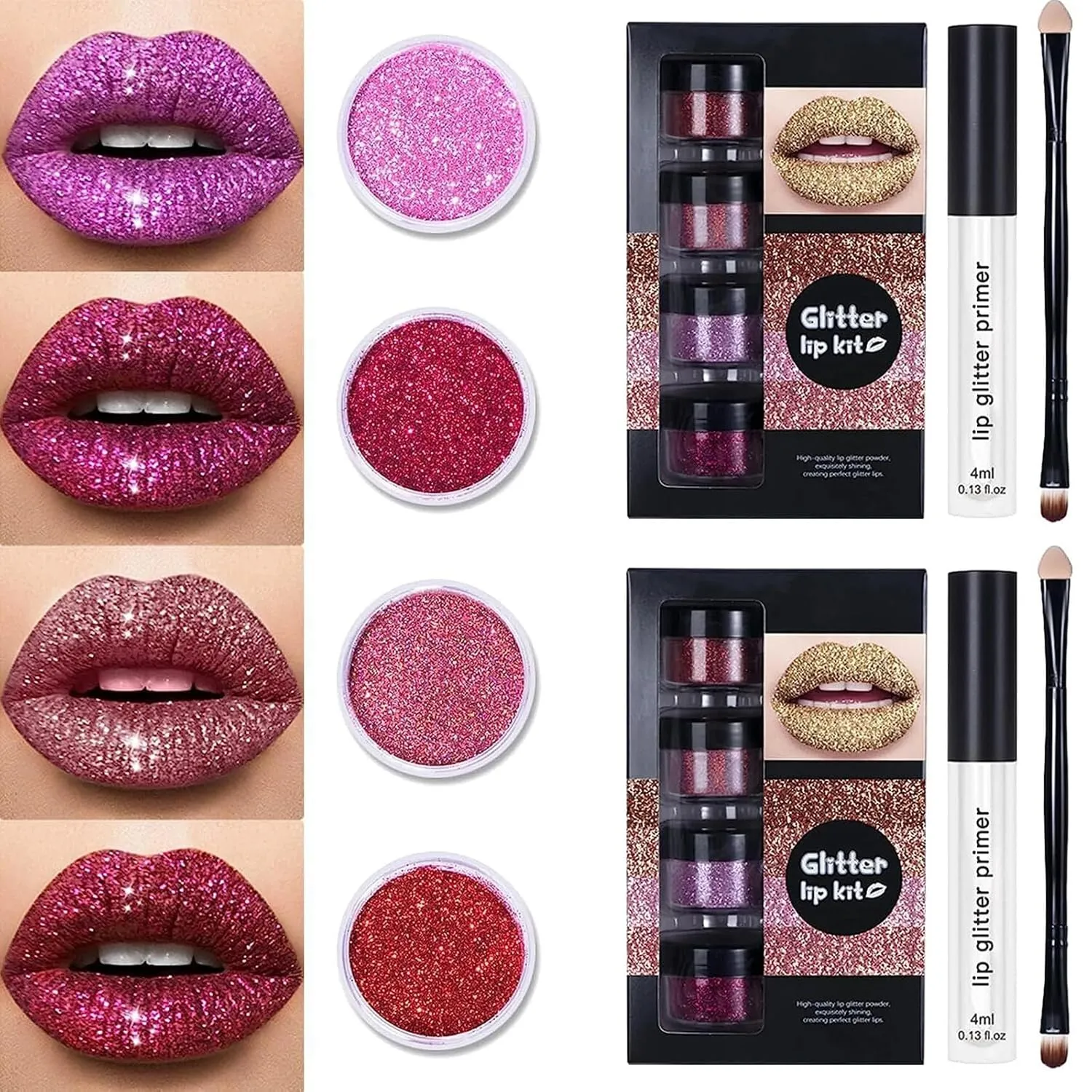 Kawaii Makeup, Kawaii Kisses Glitter Lip Kit, 4 Colors Glitter Lip Kit Gloss, Glitter Lips, Glitter Lipstick with Lip Primer and Brush, Kawaii Kisses Glitter Lip Kit Sugar Plum (2Pcs* A)