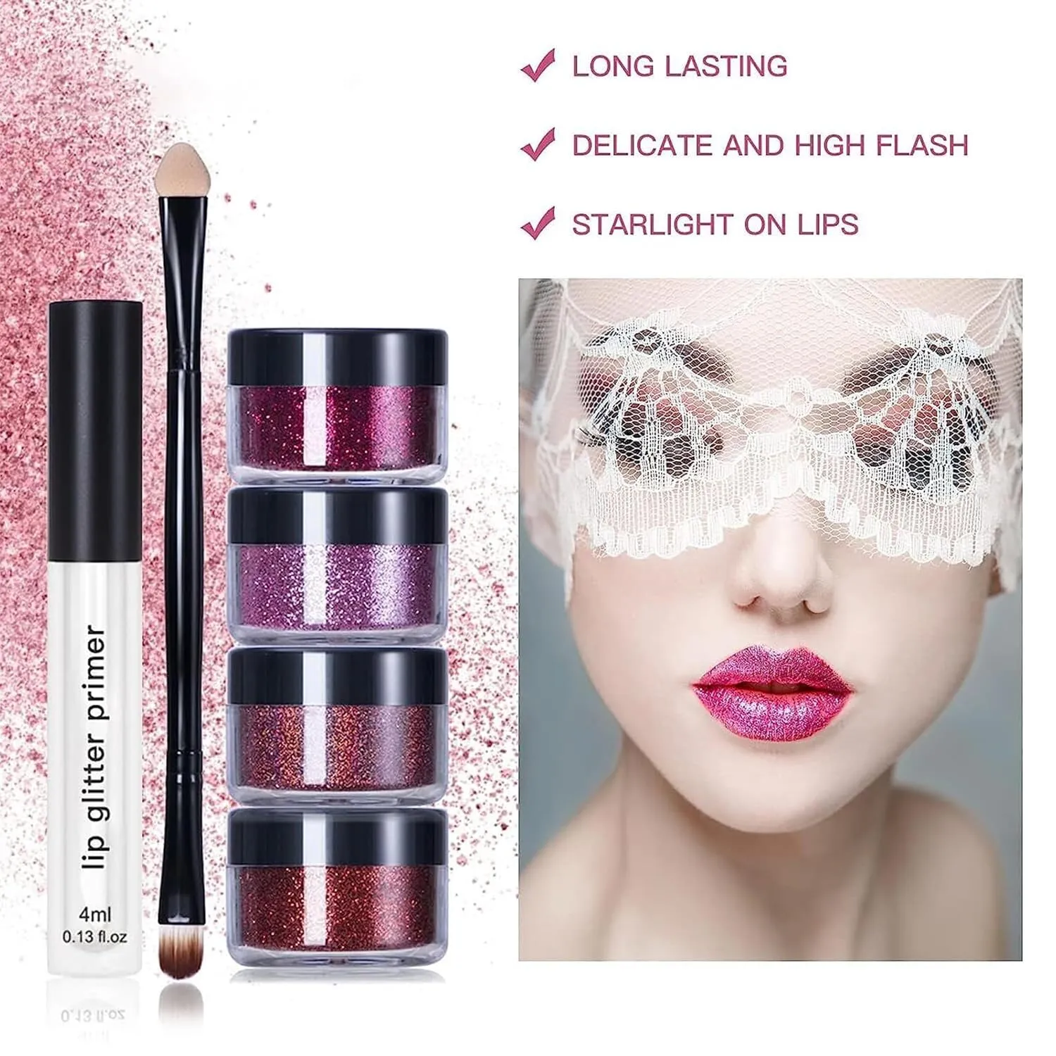 Kawaii Makeup, Kawaii Kisses Glitter Lip Kit, 4 Colors Glitter Lip Kit Gloss, Glitter Lips, Glitter Lipstick with Lip Primer and Brush, Kawaii Kisses Glitter Lip Kit Sugar Plum (2Pcs* A)