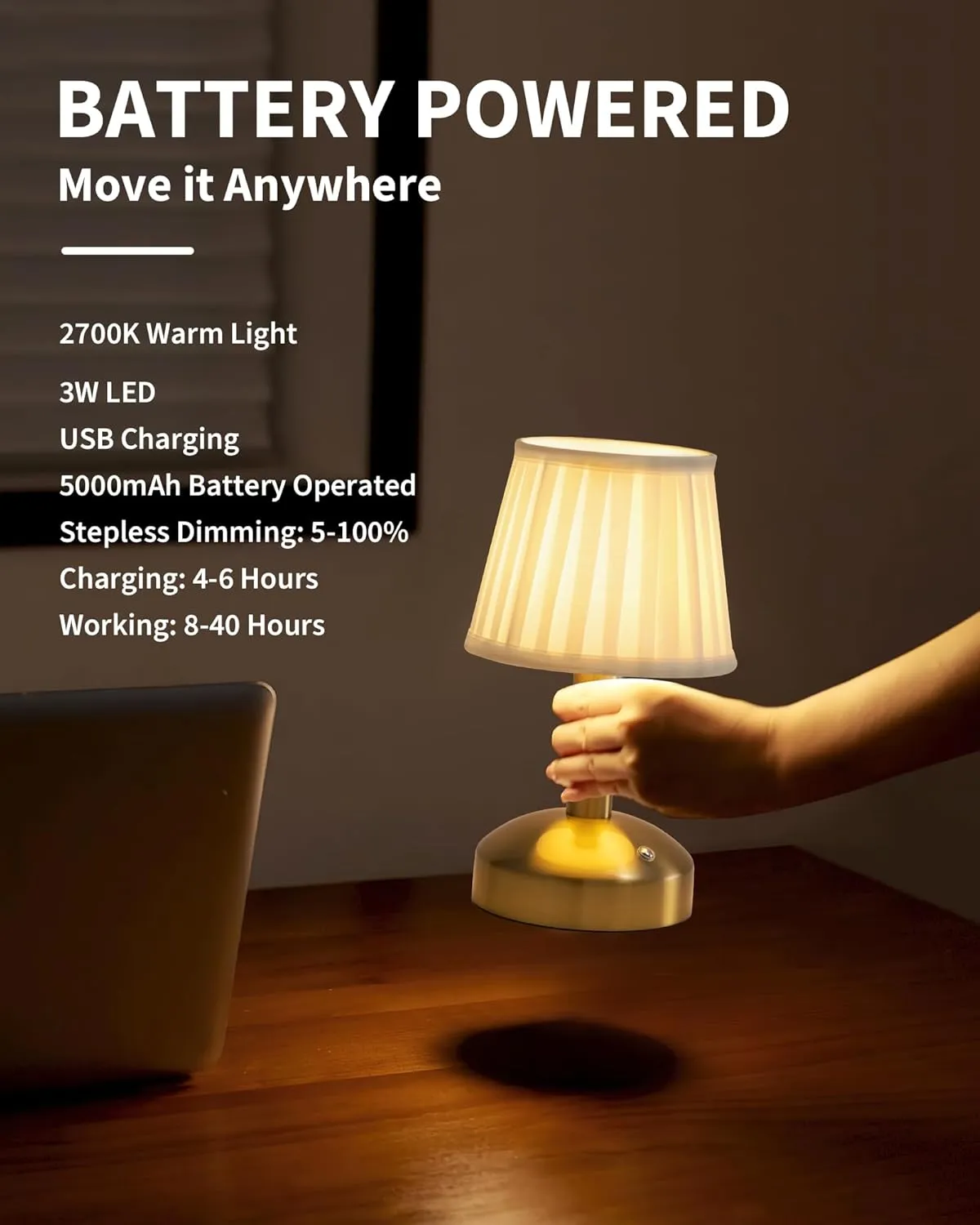 KDG Modern Cordless Small Table Lamp Set of 2, Portable LED Fabric Shade Desk Lamps, 5000mAh Rechargeable Battery Operated Lighting for Bedroom, Bar, Living Room, Dining Room, Night Light(Gold)