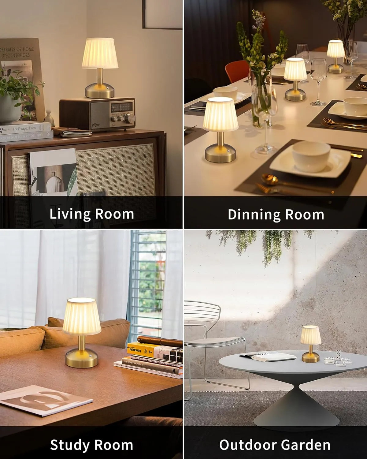 KDG Modern Cordless Small Table Lamp Set of 2, Portable LED Fabric Shade Desk Lamps, 5000mAh Rechargeable Battery Operated Lighting for Bedroom, Bar, Living Room, Dining Room, Night Light(Gold)