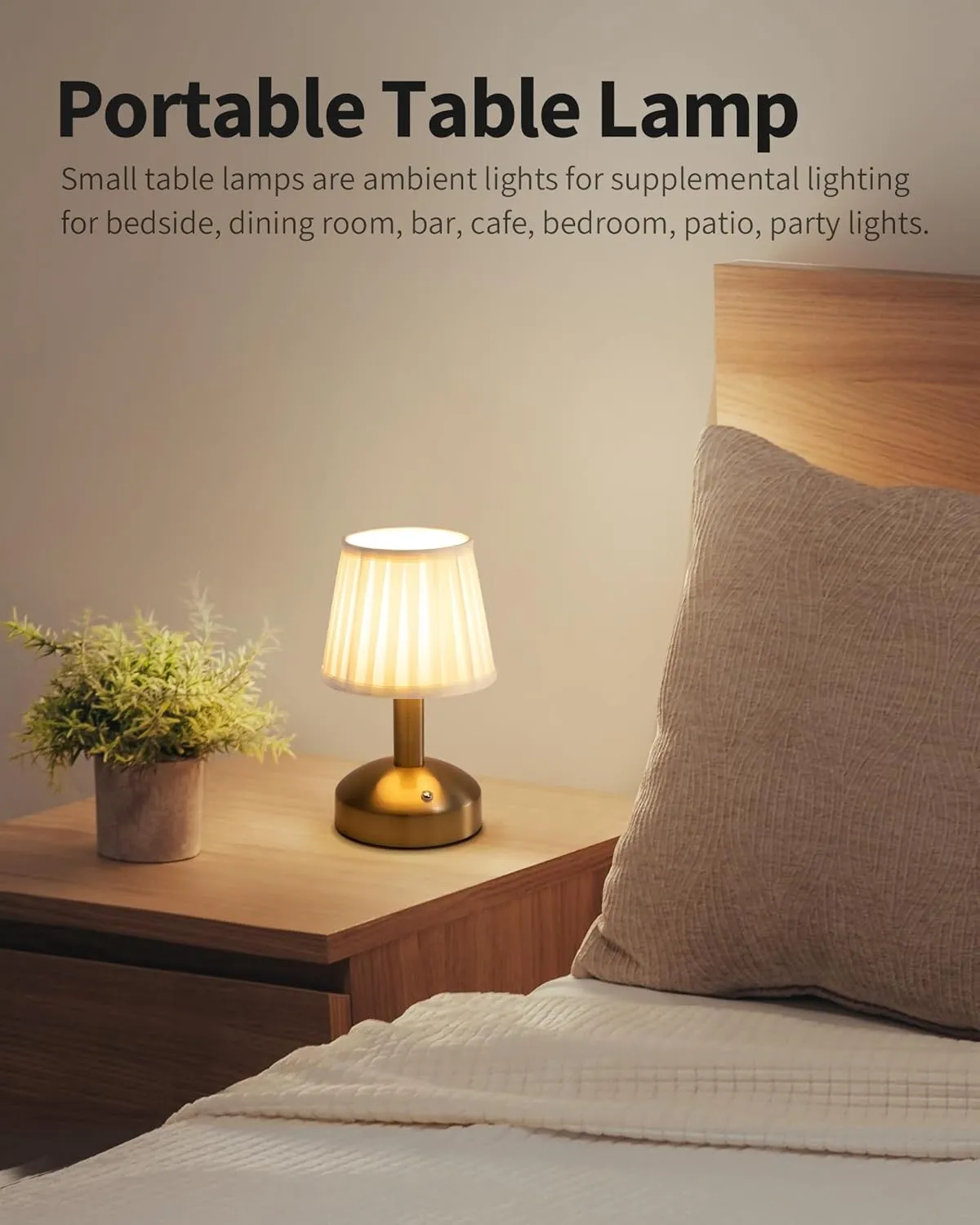 KDG Modern Cordless Small Table Lamp Set of 2, Portable LED Fabric Shade Desk Lamps, 5000mAh Rechargeable Battery Operated Lighting for Bedroom, Bar, Living Room, Dining Room, Night Light(Gold)