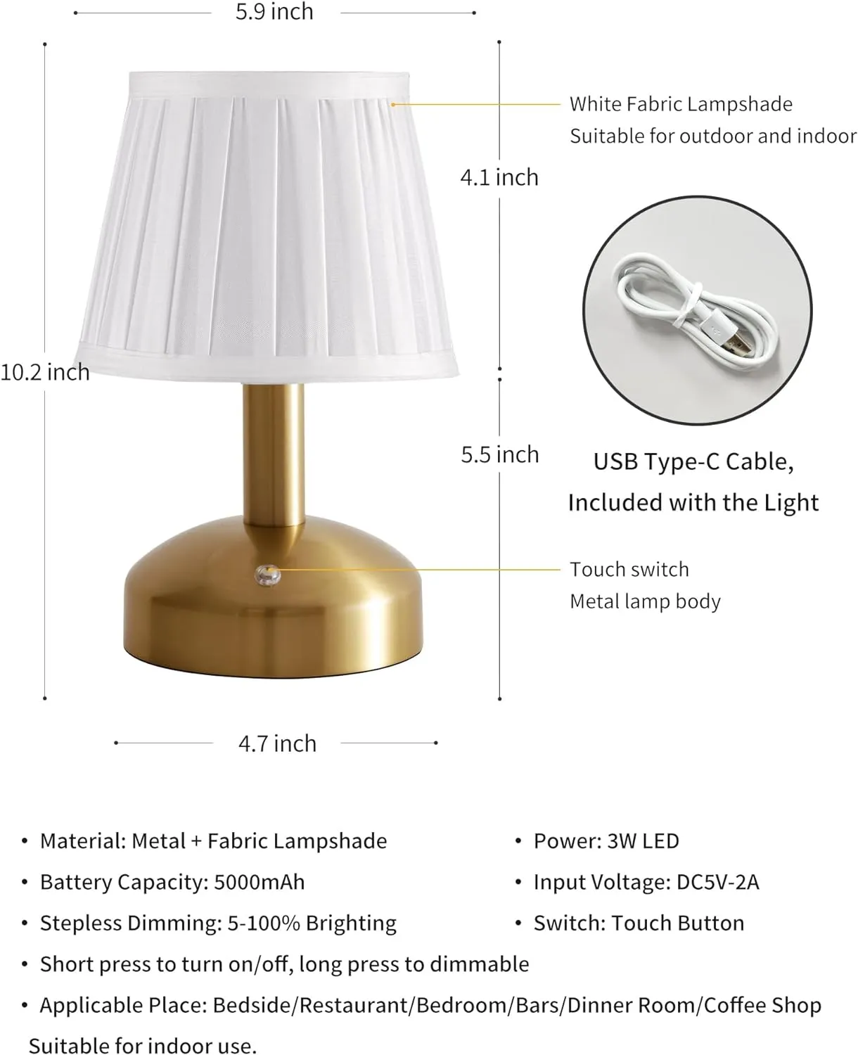 KDG Modern Cordless Small Table Lamp Set of 2, Portable LED Fabric Shade Desk Lamps, 5000mAh Rechargeable Battery Operated Lighting for Bedroom, Bar, Living Room, Dining Room, Night Light(Gold)