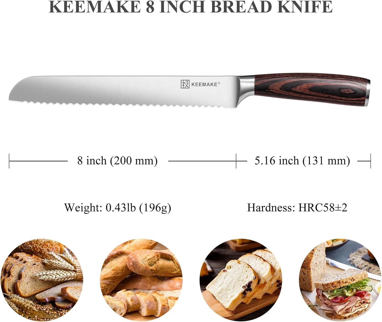 KEEMAKE Bread Knife for Homemade Bread, 8 inch Serrated Knife with High Carbon Stainless Steel Blade, Ergonomic Pakkawood Handle Sharp Knives for Bread, Cake, watermelon