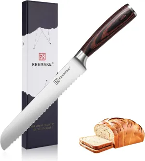 KEEMAKE Bread Knife for Homemade Bread, 8 inch Serrated Knife with High Carbon Stainless Steel Blade, Ergonomic Pakkawood Handle Sharp Knives for Bread, Cake, watermelon