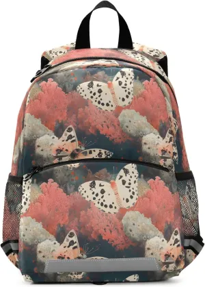 Kids Backpack for Boys Girls, Coral Butterfly Print Toddler Schoolbag with Padded Back Strap Leash