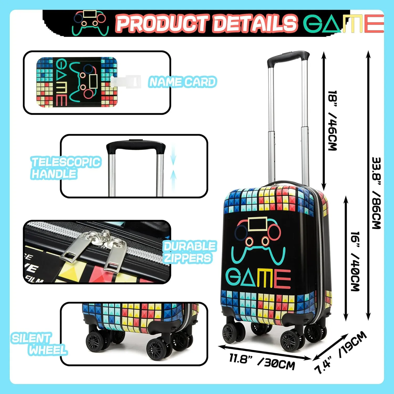 Kid’s Luggage Set 5 Piece Suitcase Set 16’’ Hardside Luggage with Spinner Wheels Girls Boys Carry on Luggage Travel Rolling Luggage Airline Approved