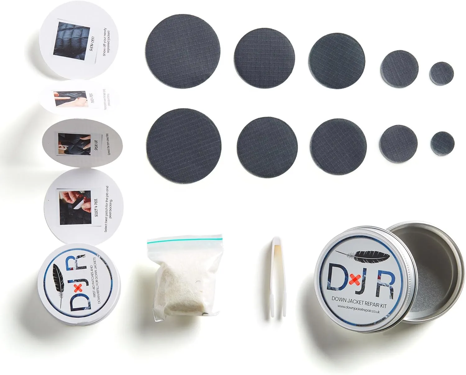 Kit-in-a-Tin - Repair Patches and Goose Down Top-Up for Down Jackets and Sleeping Bags