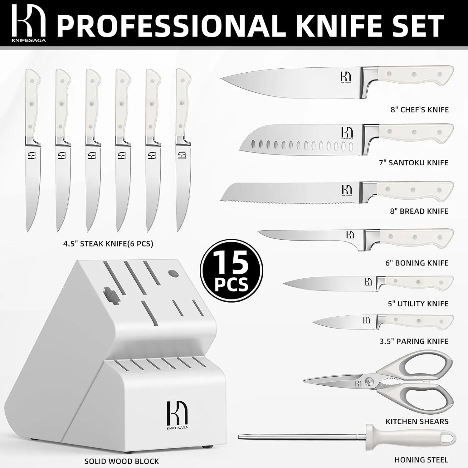 Kitchen Knife Block Set, 15-Piece Enduring Ultra Sharp Knife Set, Japanese High Carbon Stainless Steel, Premium Forged Knives for Kitchen and Professional Chefs, White